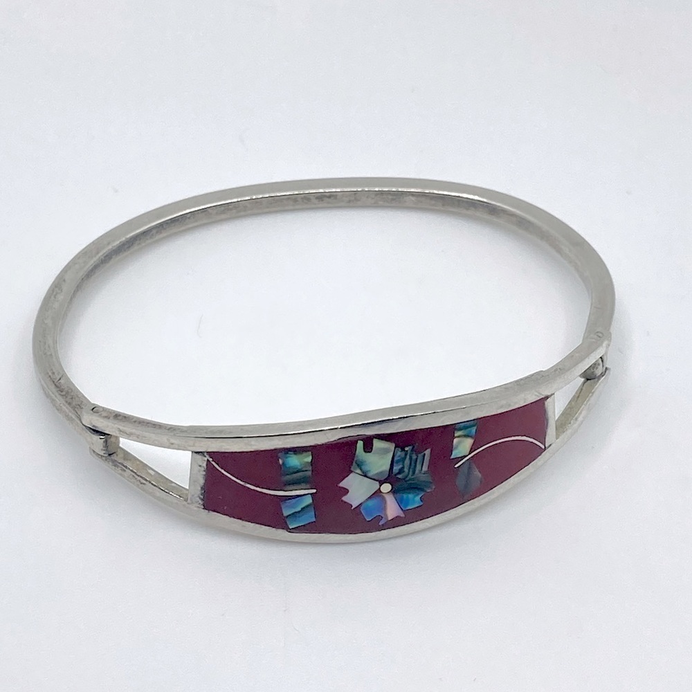 VTG Taxco Sterling Abalone Inlay Floral Motif w Red Enamel Bangle 6.5”